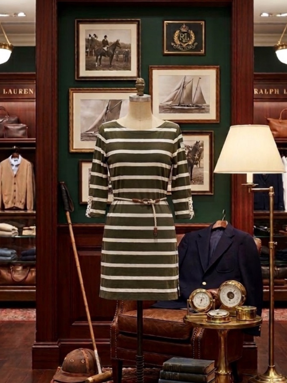 Ralph Lauren Olive Green and White Striped boar dress